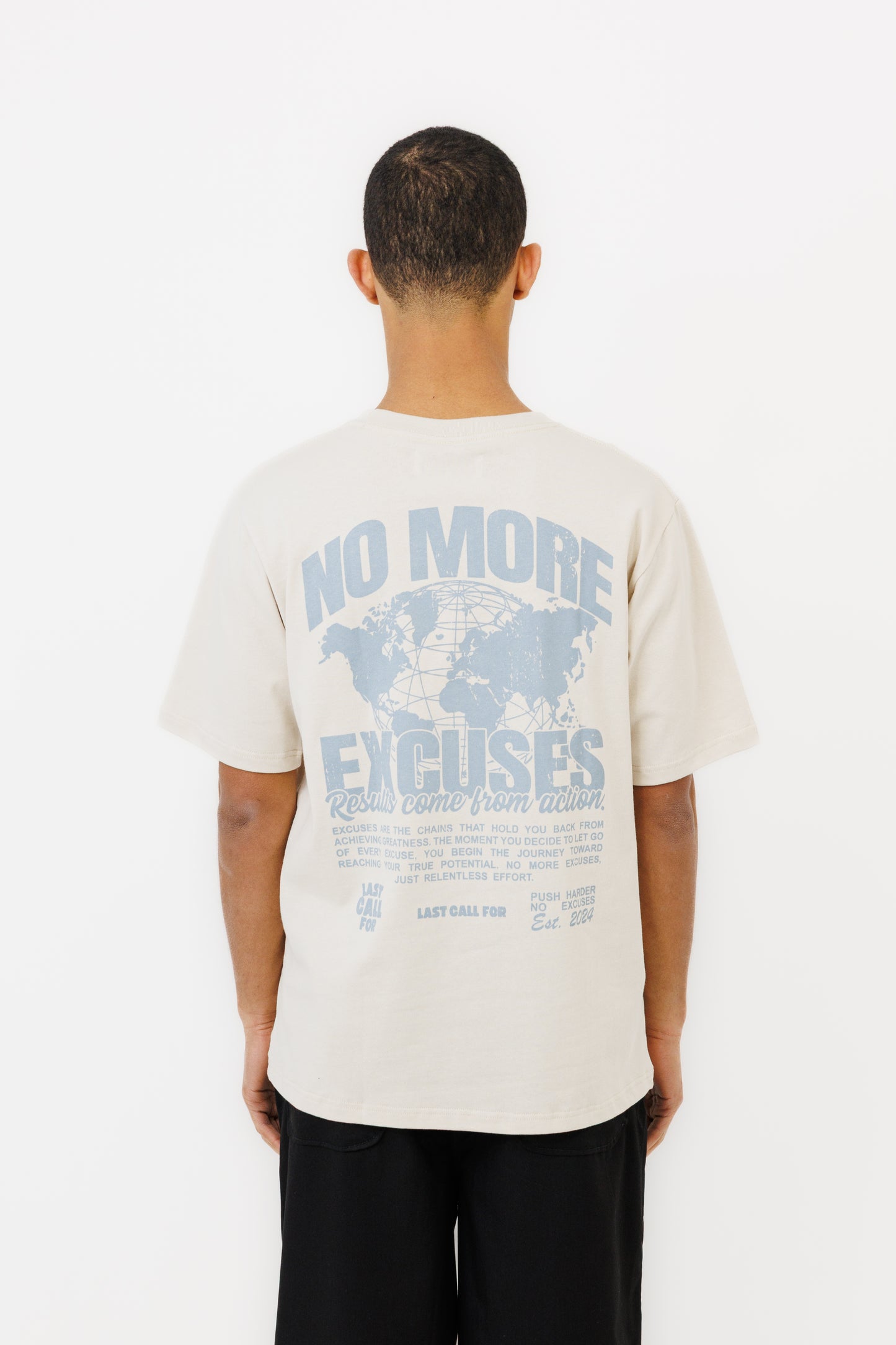 NO EXCUSES (NOEXBS) T-SHIRT (BEIGE/ SUBDED BLUE)