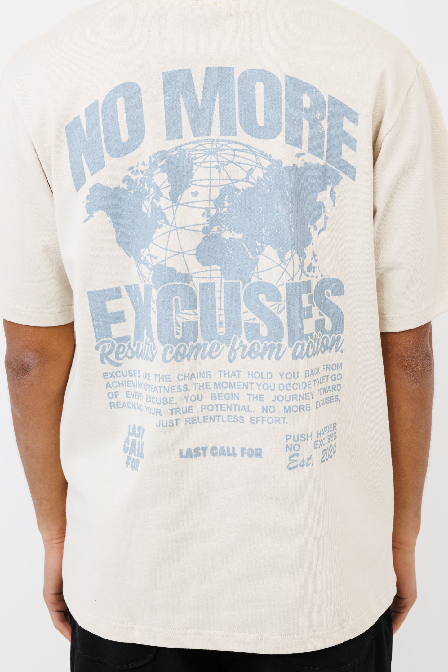 NO EXCUSES (NOEXBS) T-SHIRT (BEIGE/ SUBDED BLUE)